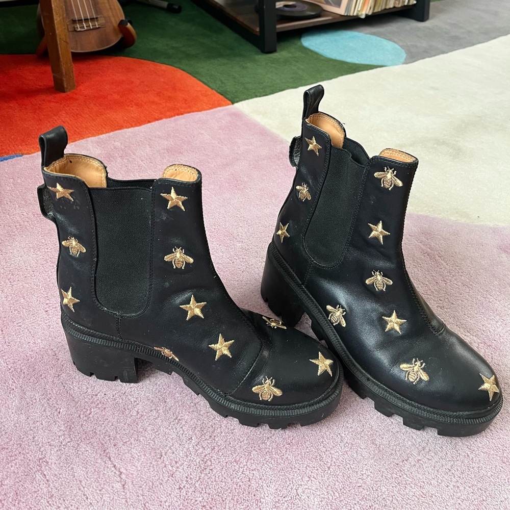 Black Ankle Boots with Star and Bee Embroidery